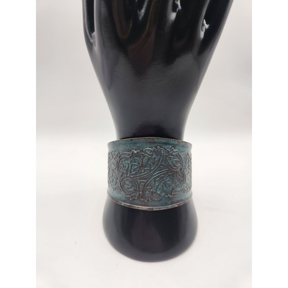 Artisan Verdigris Copper‎ Floral Embossed Wide Cuff Bracelet Statement Jewelry